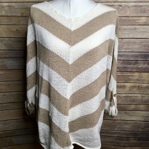 Chico's White and Sand Roll Sleeve V-Neck Sweater